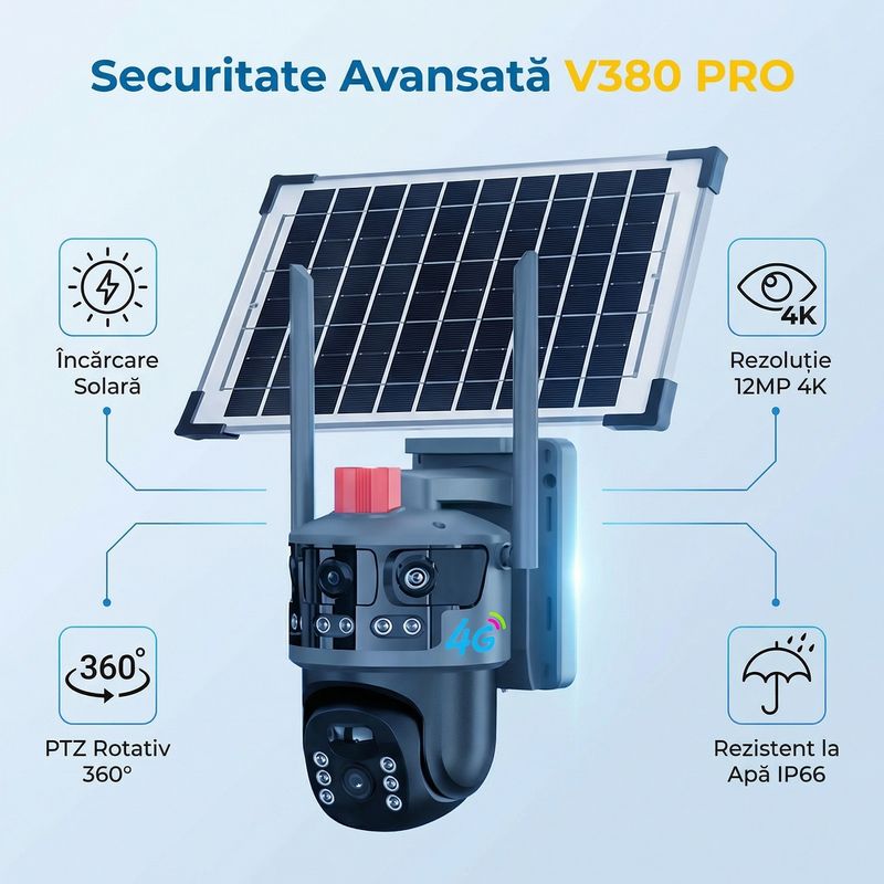 Casa si Gradina - Electrice - Smart Home - Camere de supraveghere - Camera de supraveghere cu panou solar V380 PRO, Conectivitate Wifi, PTZ Rotativ, 12MP 4K Ultra HD - Infinity.ro