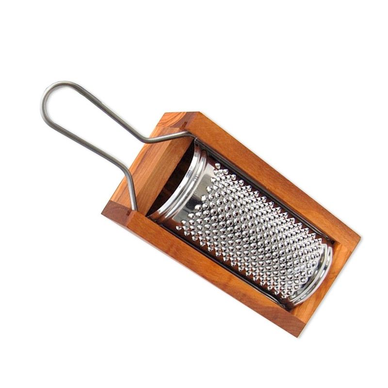 Casa si Gradina - Bucatarie si vesela - Ustensile bucatarie - Razatori si curatatoare - Razatoare pentru branza tare cu cutie colectare, lemn maslin + inox, 11x7x6 cm - Infinity.ro