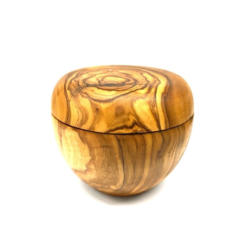 Casa si Gradina - Bucatarie si vesela - Ustensile bucatarie - Rasnite si dozatoare condimente - Recipient pentru sare din lemn de maslin cu capac si lopatica, pentru servire la masa - Infinity.ro