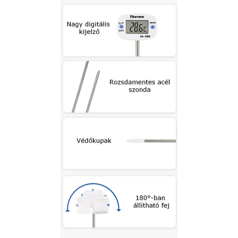 Casa si Gradina - Bucatarie si vesela - Ustensile bucatarie - Termometre bucatarie - Termometru digital pentru temperatura interna (carne) cu sonda din inox – -50°C–300°C, cap rotativ - Infinity.ro