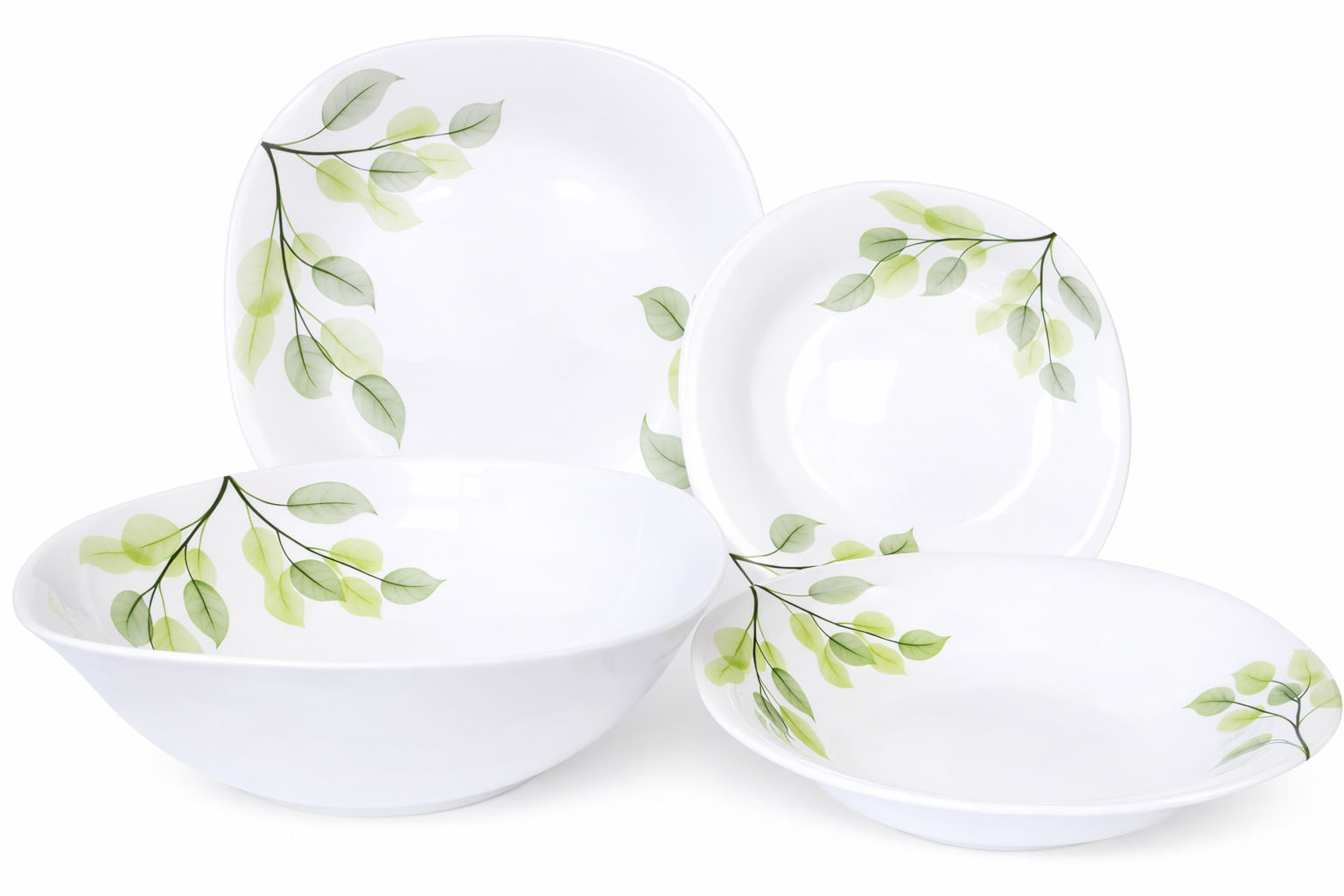 Set de masa OPAL din portelan, patrat – 19 piese, model frunze verzi