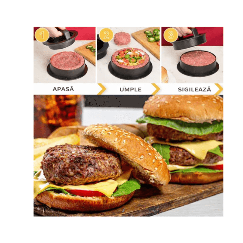 Casa si Gradina - Bucatarie si vesela - Ustensile bucatarie - Prese si storcatoare manuale - Presa burger 3 in 1, 6 piese forma si presa, plastic abs antiaderent, cu 100 hartii cerate, pentru bucatarie si gratar - Infinity.ro