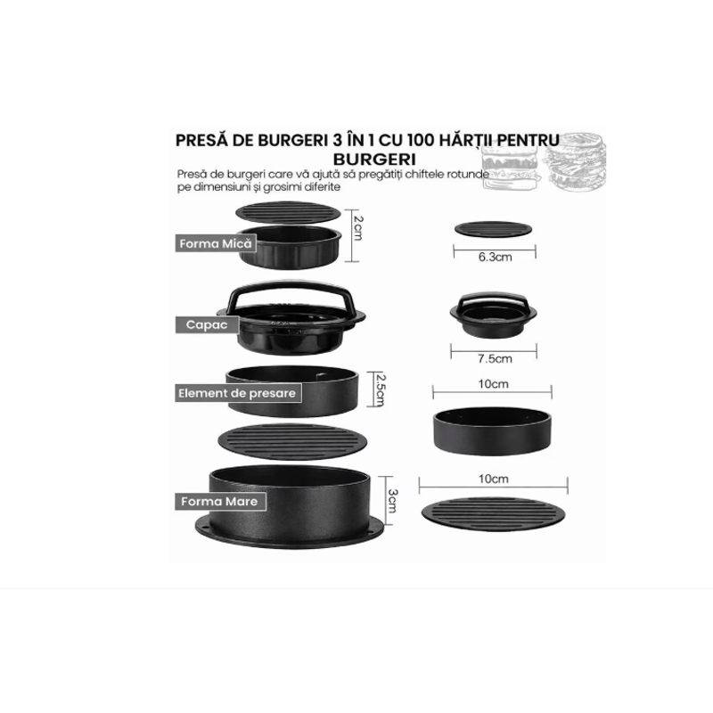 Casa si Gradina - Bucatarie si vesela - Ustensile bucatarie - Prese si storcatoare manuale - Presa burger 3 in 1, 6 piese forma si presa, plastic abs antiaderent, cu 100 hartii cerate, pentru bucatarie si gratar - Infinity.ro