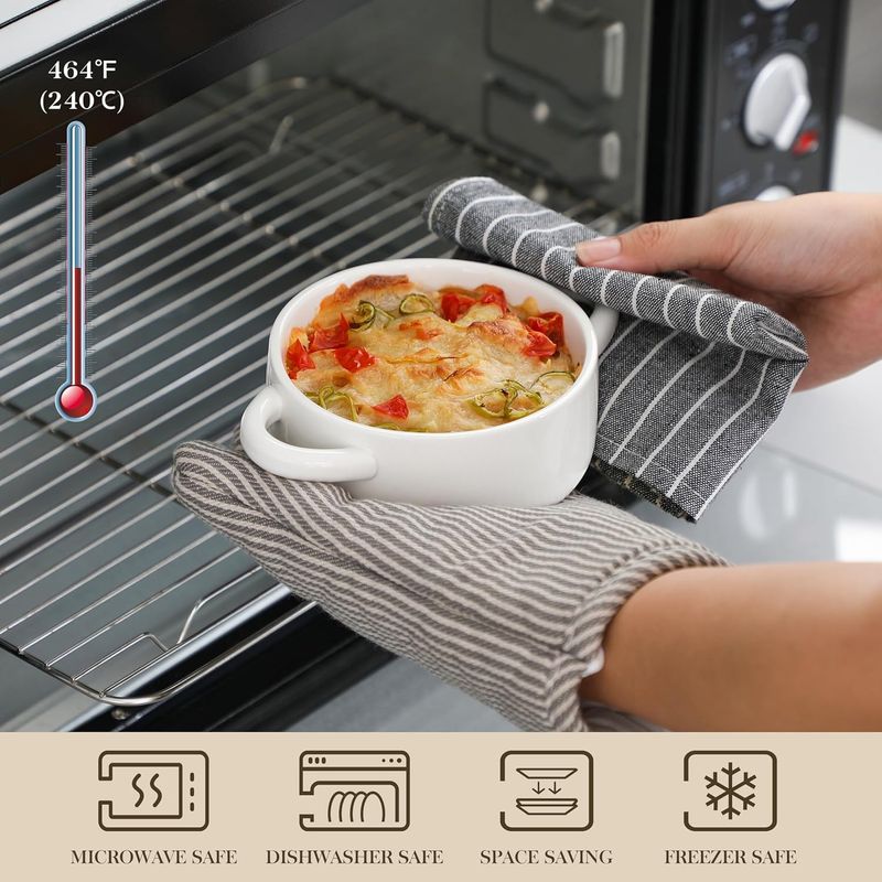 Casa si Gradina - Bucatarie si vesela - Vesela si tacamuri - Farfurii si boluri - Set 4 mini vase ceramice cu capac pentru cuptor, 410ml, cu manere, pentru supe, deserturi si preparate la cuptor - Infinity.ro