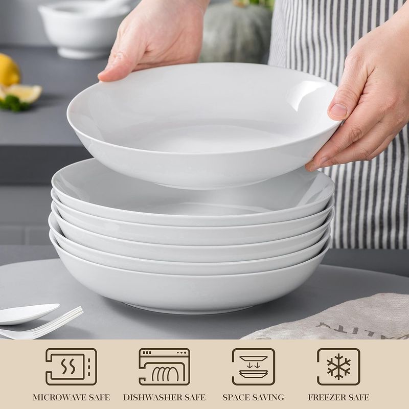 Casa si Gradina - Bucatarie si vesela - Vesela si tacamuri - Farfurii si boluri - Set 6 boluri plate din portelan, alb, 1250ml, late pentru paste, ramen, salata, supa, rezistente si elegante - Infinity.ro