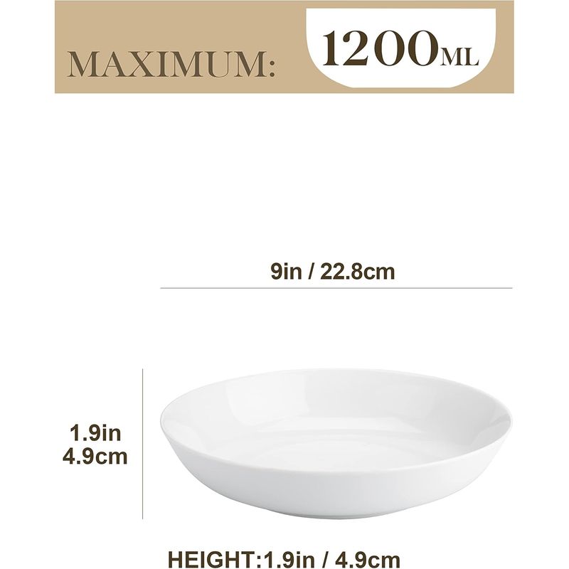 Casa si Gradina - Bucatarie si vesela - Vesela si tacamuri - Farfurii si boluri - Set 6 boluri plate din portelan, alb, 1250ml, late pentru paste, ramen, salata, supa, rezistente si elegante - Infinity.ro