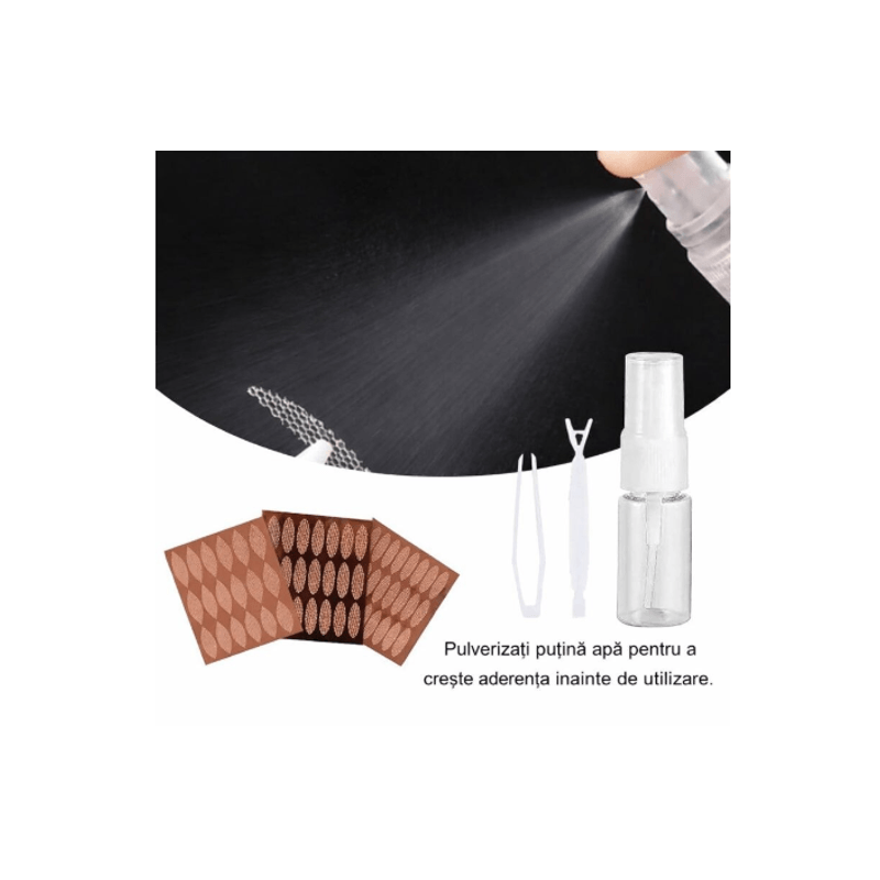 Ingrijire personala si Cosmetice - Machiaj - Accesorii machiaj - Set 240 benzi pentru pleoape cazute, benzi duble, invizibile si impermeabile, cu aplicator si sticla spray - Infinity.ro