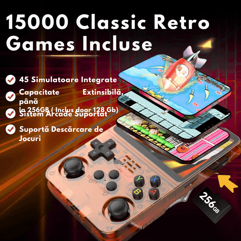 PC, gaming si accesorii - Gaming - Console gaming - Consola Gaming portabila 15.000+Jocuri Clasice, VisionHub®, Ecran HD 3.5'', 128GB Stocare, Joystick-uri 3D, Multiplayer - Infinity.ro