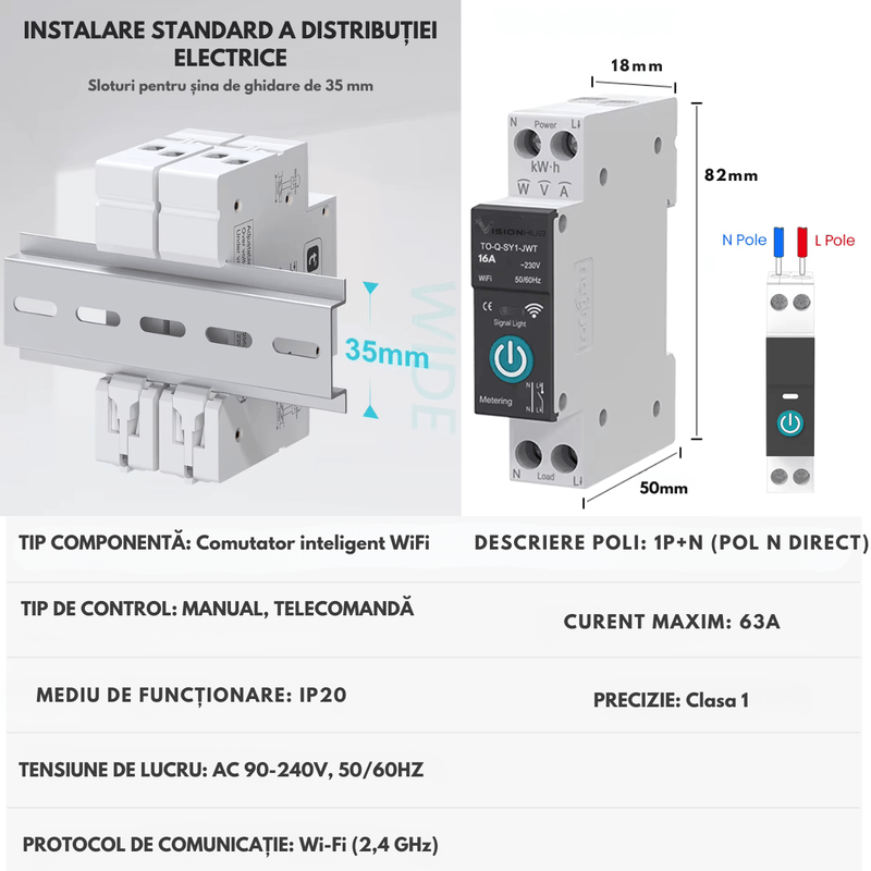 Casa si Gradina - Electrice - Smart Home - Centrale si module smart home - Siguranta Inteligenta Smart-WiFi Contor Energie, 16A–Monitorizare Consum, Control Distanta, VisionHub®, Smart Life/Tuya - Infinity.ro