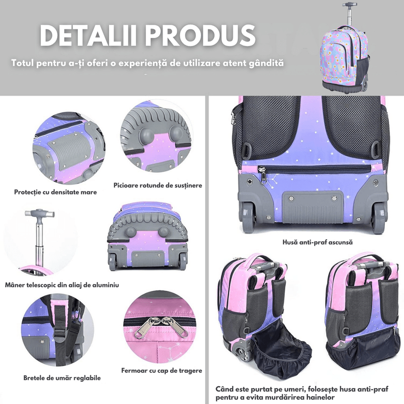 Sport si Outdoor - Articole de voiaj - Rucsacuri - Ghiozdan Troler Multifunctional Rotile, Rucsac Capacitate Mare, Fete, Baieti, Roti Rezistente, Compartimente multiple - Infinity.ro