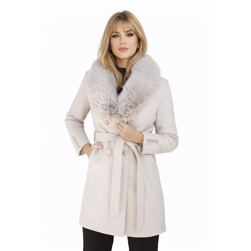 Fashion, accesorii si bijuterii - Femei - Imbracaminte femei - Paltoane si trenciuri femei - Palton dama din lana, croi cambrat, cu guler detasabil din blana ecologica S INTL Crem - Infinity.ro