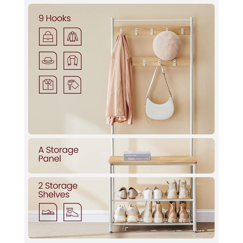 Casa si Gradina - Mobilier - Organizare si depozitare - Cuiere - Cuier hol 3 in 1 cu banca si raft pantofi, cadru metalic si PAL, 70x32x177 cm, stejar si crem - Infinity.ro