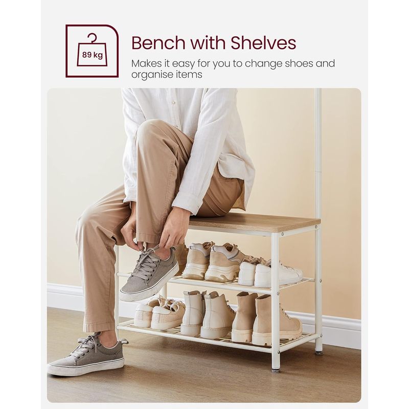 Casa si Gradina - Mobilier - Organizare si depozitare - Cuiere - Cuier hol 3 in 1 cu banca si raft pantofi, cadru metalic si PAL, 70x32x177 cm, stejar si crem - Infinity.ro