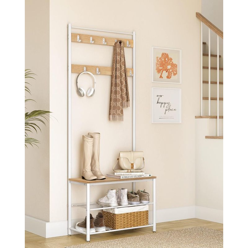 Casa si Gradina - Mobilier - Organizare si depozitare - Cuiere - Cuier hol 3 in 1 cu banca si raft pantofi, cadru metalic si PAL, 70x32x177 cm, stejar si crem - Infinity.ro