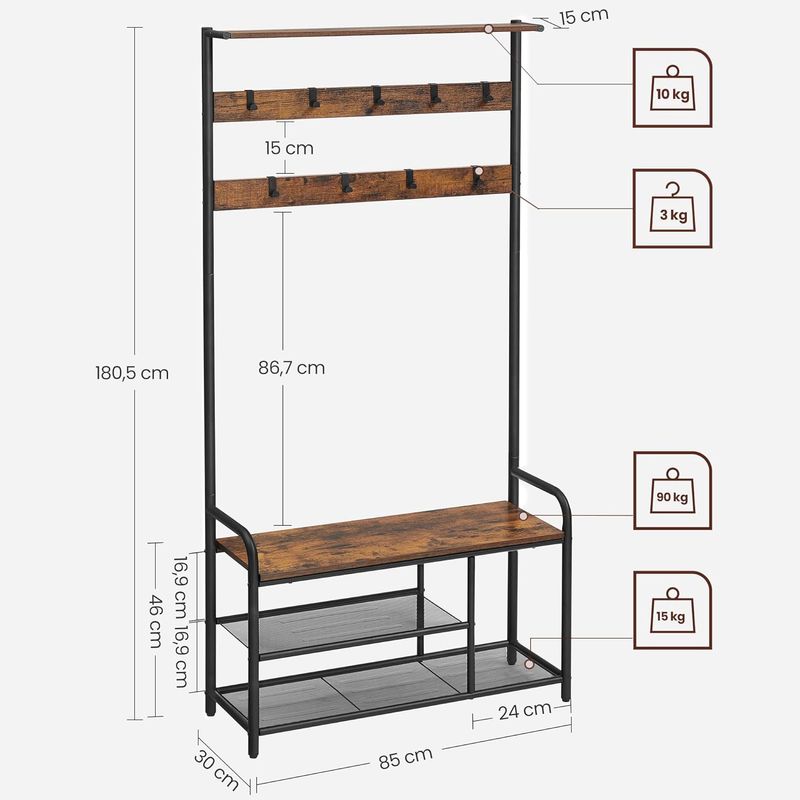 Casa si Gradina - Mobilier - Organizare si depozitare - Cuiere - Cuier hol cu banca si raft pantofi, 9 carlige, cadru metalic, stil industrial, 85x30x181 cm, maro rustic - Infinity.ro