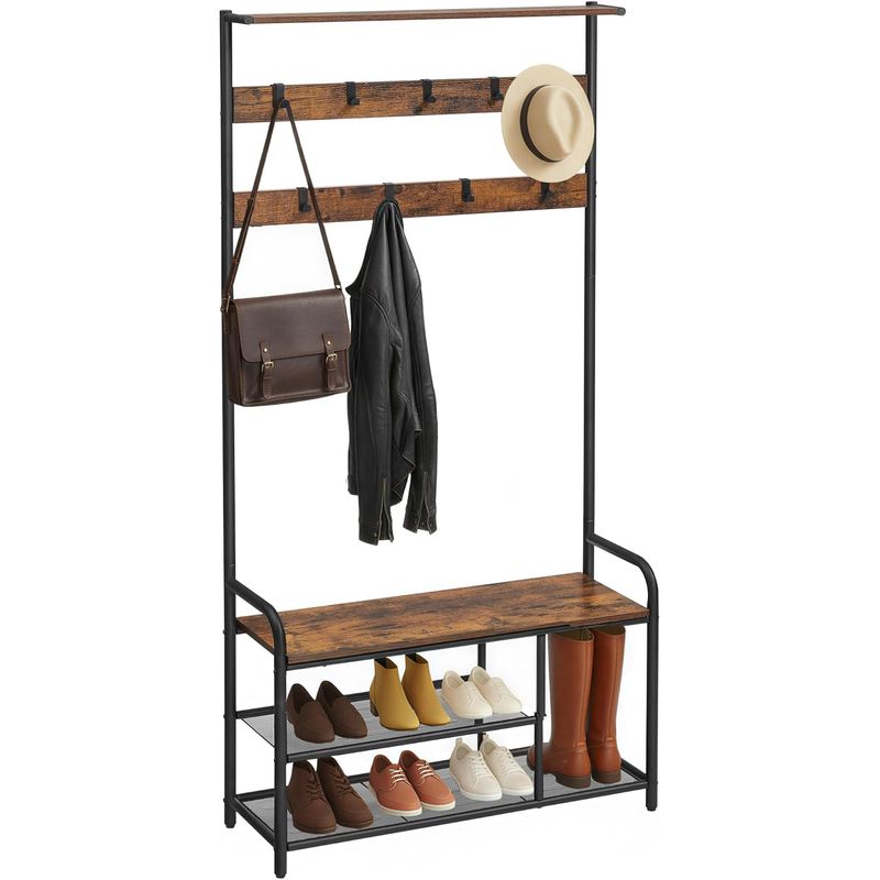 Casa si Gradina - Mobilier - Organizare si depozitare - Cuiere - Cuier hol cu banca si raft pantofi, 9 carlige, cadru metalic, stil industrial, 85x30x181 cm, maro rustic - Infinity.ro