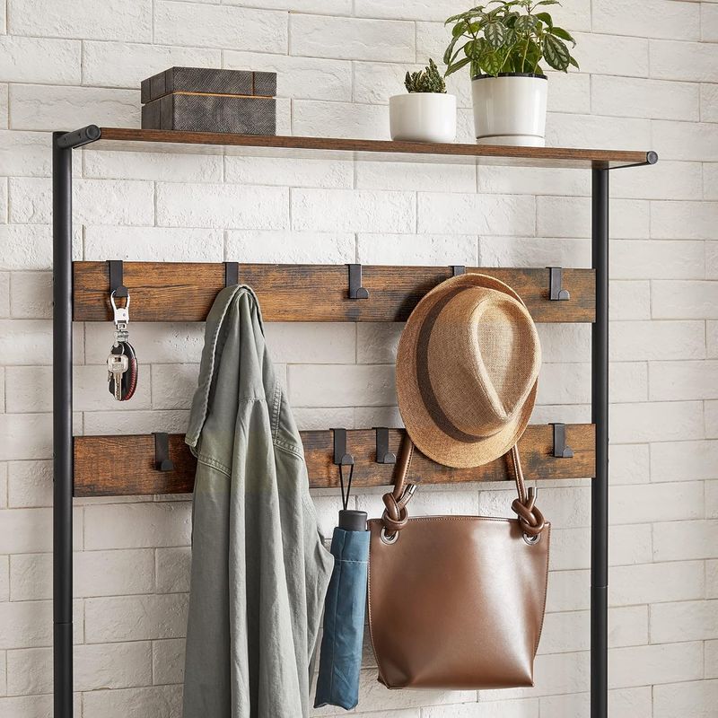 Casa si Gradina - Mobilier - Organizare si depozitare - Cuiere - Cuier hol cu banca si raft pantofi, 9 carlige, cadru metalic, stil industrial, 85x30x181 cm, maro rustic - Infinity.ro