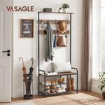 Casa si Gradina - Mobilier - Organizare si depozitare - Cuiere - Cuier hol cu banca si raft pantofi, 9 carlige, cadru metalic, stil industrial, 85x30x181 cm, maro rustic - Infinity.ro
