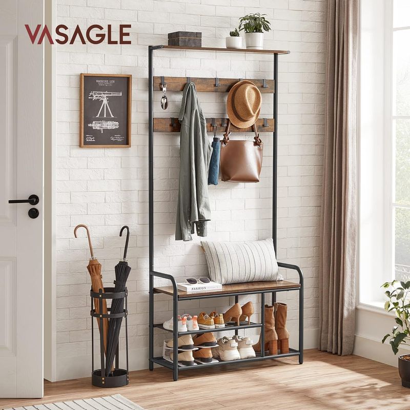 Casa si Gradina - Mobilier - Organizare si depozitare - Cuiere - Cuier hol cu banca si raft pantofi, 9 carlige, cadru metalic, stil industrial, 85x30x181 cm, maro rustic - Infinity.ro