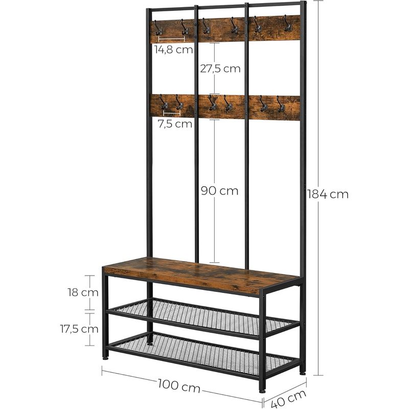Casa si Gradina - Mobilier - Organizare si depozitare - Cuiere - Cuier hol cu 12 carlige si banca pantofi, cadru metalic, stil industrial, 100x40x186 cm, maro rustic - Infinity.ro