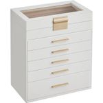 Fashion, accesorii si bijuterii - Femei - Bijuterii femei - Cutii bijuterii - Cutie bijuterii 6 niveluri, cu capac din sticla si 5 sertare, 16x25x29 cm, alb auriu - Infinity.ro