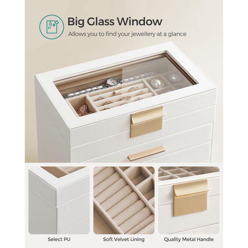 Fashion, accesorii si bijuterii - Femei - Bijuterii femei - Cutii bijuterii - Cutie bijuterii 6 niveluri, cu capac din sticla si 5 sertare, 16x25x29 cm, alb auriu - Infinity.ro