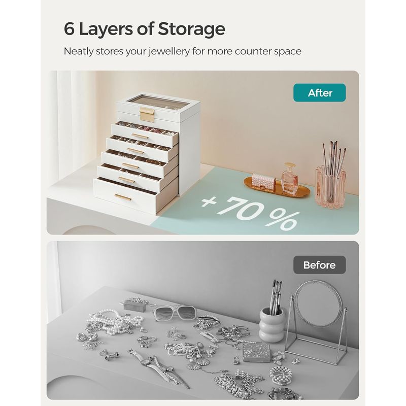 Fashion, accesorii si bijuterii - Femei - Bijuterii femei - Cutii bijuterii - Cutie bijuterii 6 niveluri, cu capac din sticla si 5 sertare, 16x25x29 cm, alb auriu - Infinity.ro