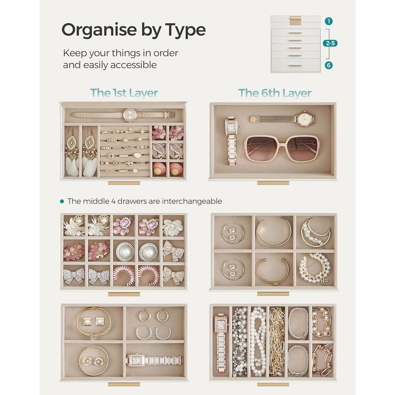 Fashion, accesorii si bijuterii - Femei - Bijuterii femei - Cutii bijuterii - Cutie bijuterii 6 niveluri, cu capac din sticla si 5 sertare, 16x25x29 cm, alb auriu - Infinity.ro