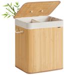 Market - Spalare si intretinere rufe - Uscatoare de rufe si accesorii - Cos de rufe cu capac, 2 compartimente, bambus, 120 l, pliabil, sac textil detasabil, 50x40x61 cm, maro natur - Infinity.ro