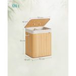 Market - Spalare si intretinere rufe - Uscatoare de rufe si accesorii - Cos de rufe cu capac, 2 compartimente, bambus, 120 l, pliabil, sac textil detasabil, 50x40x61 cm, maro natur - Infinity.ro