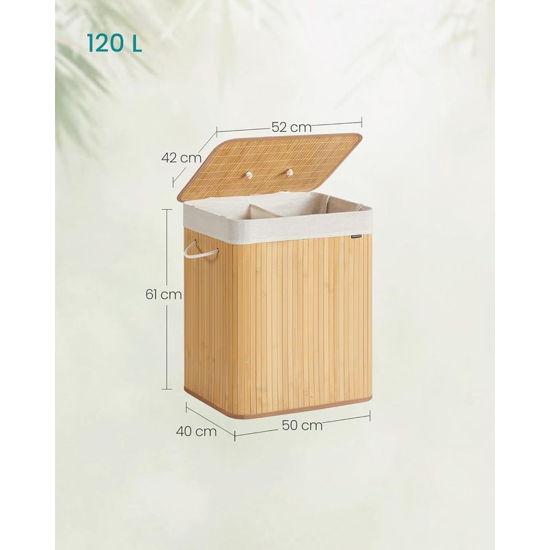 Market - Spalare si intretinere rufe - Uscatoare de rufe si accesorii - Cos de rufe cu capac, 2 compartimente, bambus, 120 l, pliabil, sac textil detasabil, 50x40x61 cm, maro natur - Infinity.ro