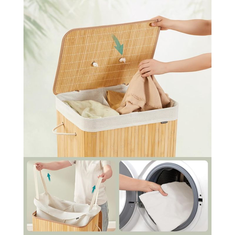 Market - Spalare si intretinere rufe - Uscatoare de rufe si accesorii - Cos de rufe cu capac, 2 compartimente, bambus, 120 l, pliabil, sac textil detasabil, 50x40x61 cm, maro natur - Infinity.ro