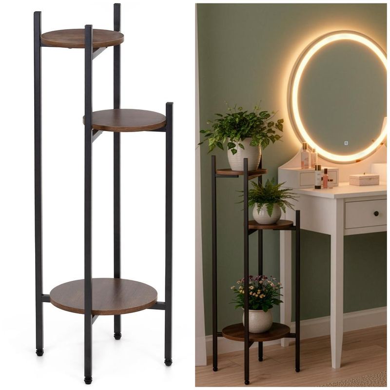 Casa si Gradina - Gradinarit si plante - Plante si ghivece - Ghivece si suporturi - Suport pentru flori, rotund cu 3 polite, structura metalica si MDF, 32x32x81 cm, negru - Infinity.ro