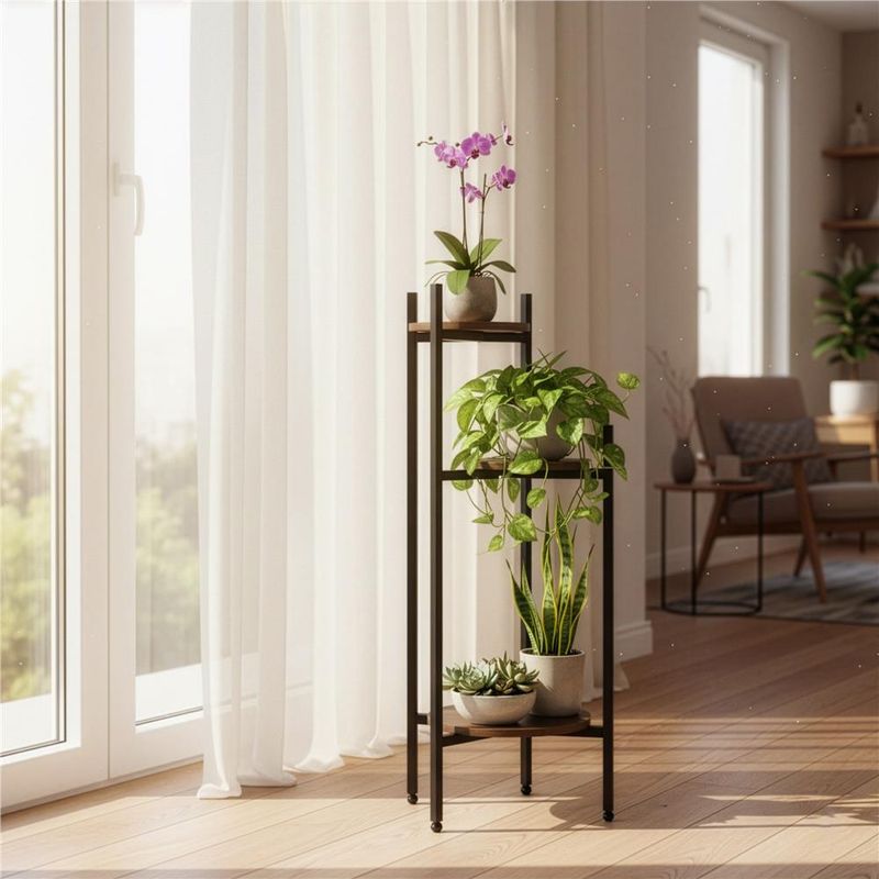 Casa si Gradina - Gradinarit si plante - Plante si ghivece - Ghivece si suporturi - Suport pentru flori, rotund cu 3 polite, structura metalica si MDF, 32x32x81 cm, negru - Infinity.ro