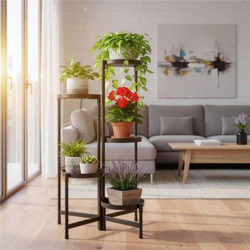 Casa si Gradina - Gradinarit si plante - Plante si ghivece - Ghivece si suporturi - Suport metalic pentru flori cu 5 niveluri, structura pliabila, 48x48x79 cm, negru - Infinity.ro