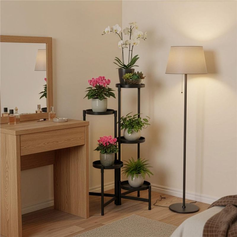 Casa si Gradina - Gradinarit si plante - Plante si ghivece - Ghivece si suporturi - Suport metalic pentru flori cu 5 niveluri, structura pliabila, 48x48x79 cm, negru - Infinity.ro