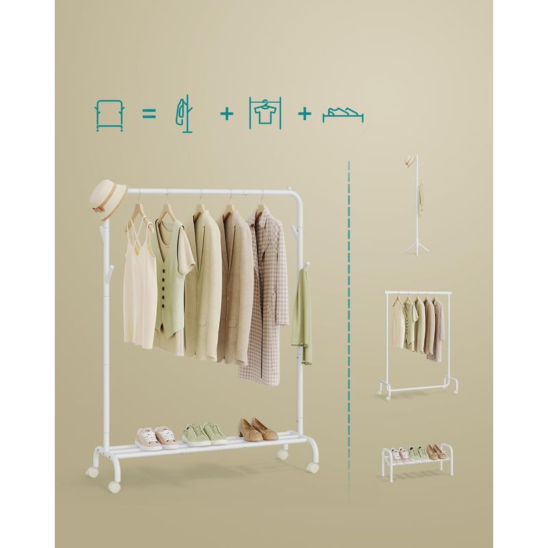 Casa si Gradina - Mobilier - Organizare si depozitare - Cuiere - Suport haine metalic cu roti si raft inferior, stil industrial, 103x41x155 cm, alb - Infinity.ro