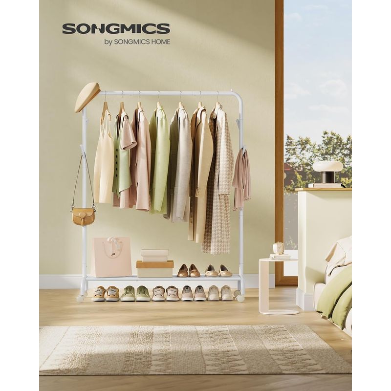 Casa si Gradina - Mobilier - Organizare si depozitare - Cuiere - Suport haine metalic cu roti si raft inferior, stil industrial, 103x41x155 cm, alb - Infinity.ro