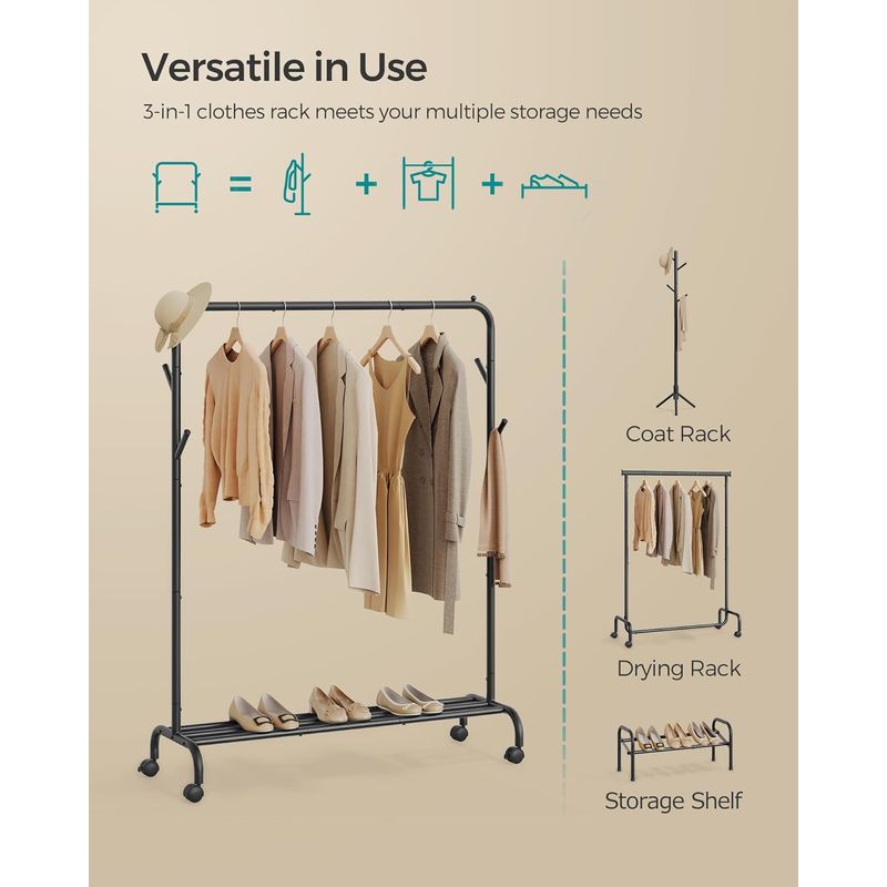Casa si Gradina - Mobilier - Organizare si depozitare - Umerase si valeti - Suport haine metalic cu roti si raft inferior, stil industrial, 103x41x155 cm, negru - Infinity.ro