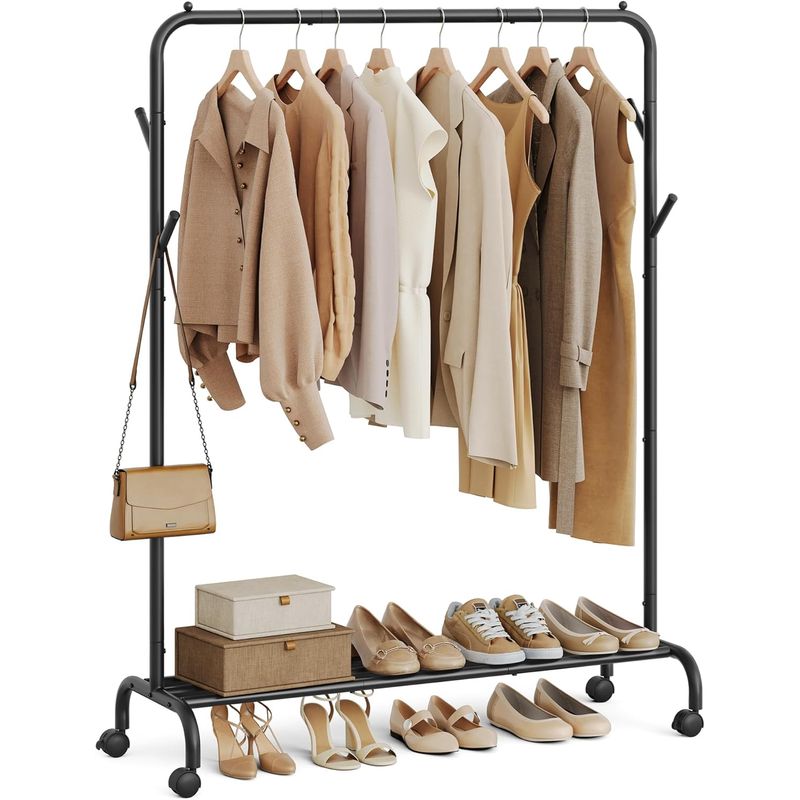 Casa si Gradina - Mobilier - Organizare si depozitare - Umerase si valeti - Suport haine metalic cu roti si raft inferior, stil industrial, 103x41x155 cm, negru - Infinity.ro