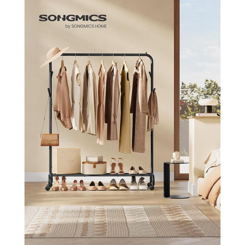 Casa si Gradina - Mobilier - Organizare si depozitare - Umerase si valeti - Suport haine metalic cu roti si raft inferior, stil industrial, 103x41x155 cm, negru - Infinity.ro