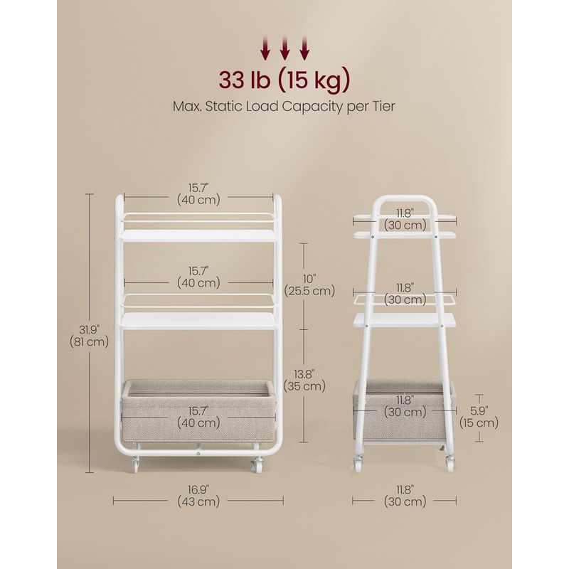 Casa si Gradina - Mobilier - Organizare si depozitare - Cutii depozitare - Carucior depozitare cu roti si cos textil, 3 niveluri, PAL si cadru metalic, alb si crem - Infinity.ro