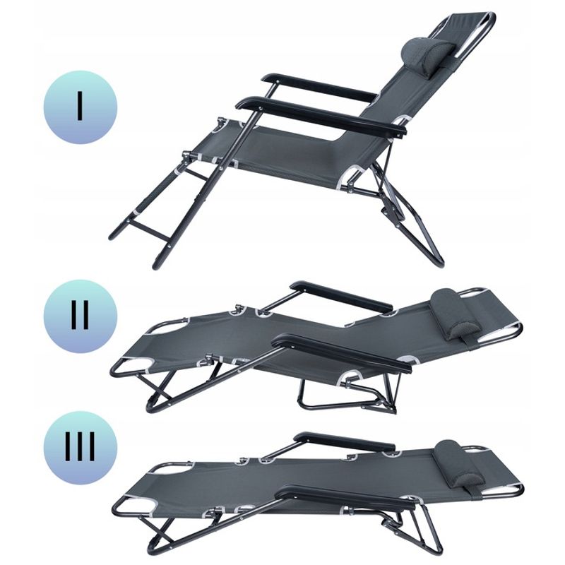 Casa si Gradina - Gradina si terasa - Mobilier exterior - Scaune si sezlonguri gradina - Sezlong pliabil, cadru metalic, reglabil in 3 pozitii pana la complet orizontal, cu tetiera, 153x60 cm, gri - Infinity.ro