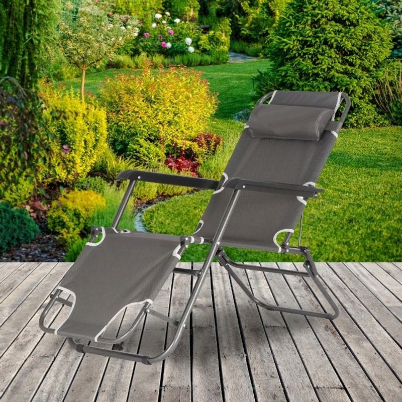 Casa si Gradina - Gradina si terasa - Mobilier exterior - Scaune si sezlonguri gradina - Sezlong pliabil, cadru metalic, reglabil in 3 pozitii pana la complet orizontal, cu tetiera, 153x60 cm, gri - Infinity.ro