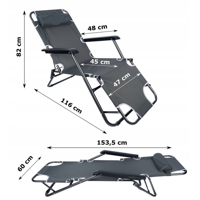 Casa si Gradina - Gradina si terasa - Mobilier exterior - Scaune si sezlonguri gradina - Sezlong pliabil, cadru metalic, reglabil in 3 pozitii pana la complet orizontal, cu tetiera, 153x60 cm, gri - Infinity.ro
