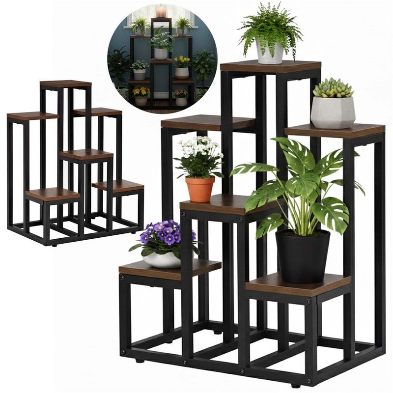 Casa si Gradina - Gradinarit si plante - Plante si ghivece - Ghivece si suporturi - Suport pentru flori cu 6 polite din lemn, structura metal, 51x34x68 cm, negru - Infinity.ro