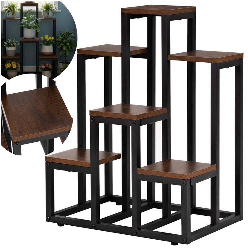 Casa si Gradina - Gradinarit si plante - Plante si ghivece - Ghivece si suporturi - Suport pentru flori cu 6 polite din lemn, structura metal, 51x34x68 cm, negru - Infinity.ro