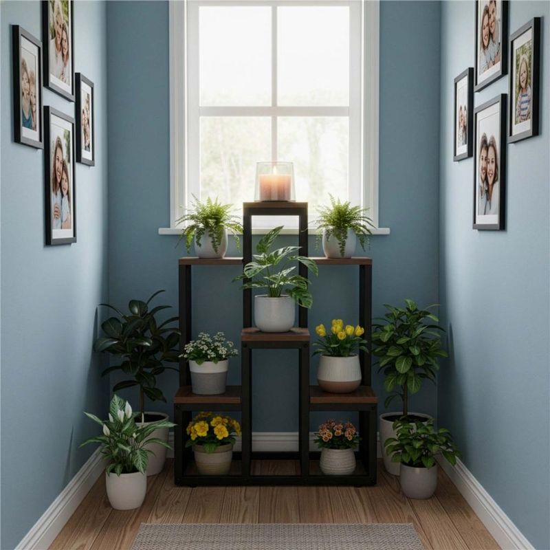 Casa si Gradina - Gradinarit si plante - Plante si ghivece - Ghivece si suporturi - Suport pentru flori cu 6 polite din lemn, structura metal, 51x34x68 cm, negru - Infinity.ro