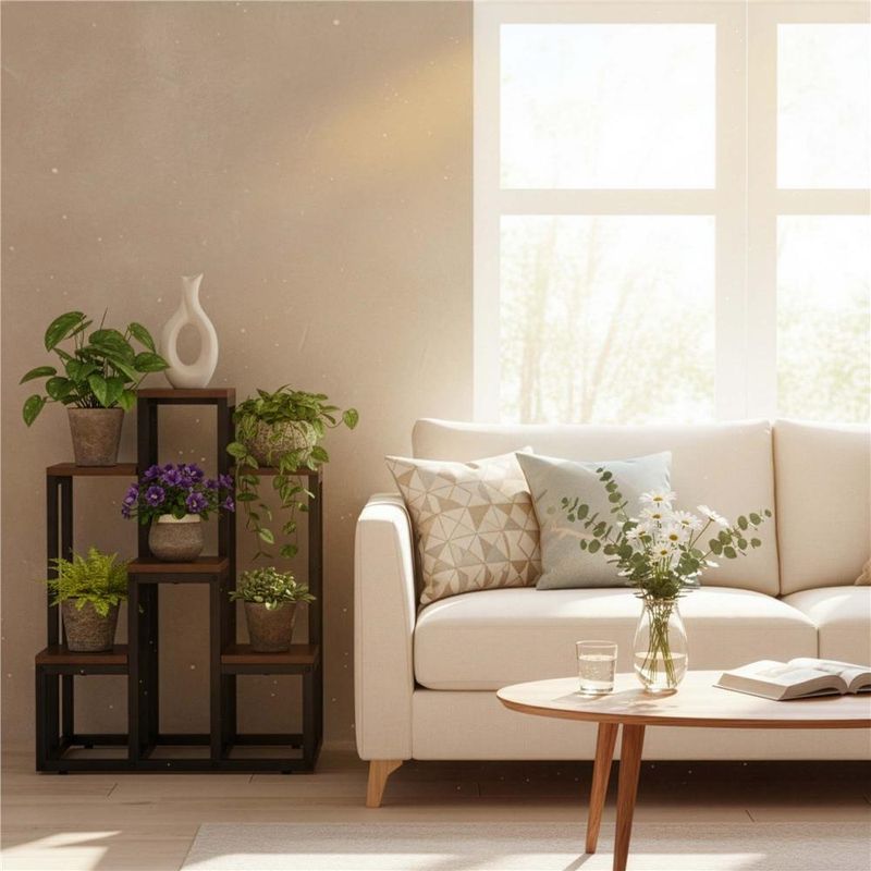 Casa si Gradina - Gradinarit si plante - Plante si ghivece - Ghivece si suporturi - Suport pentru flori cu 6 polite din lemn, structura metal, 51x34x68 cm, negru - Infinity.ro