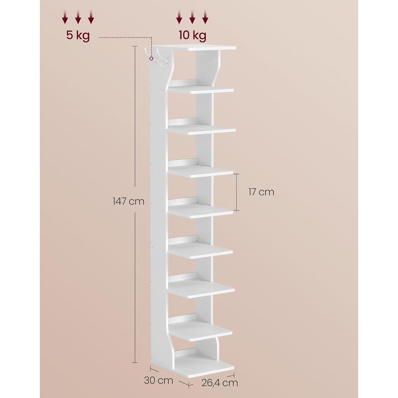 Casa si Gradina - Mobilier - Dulapuri si sifoniere - Dulapuri pantofi - Raft pantofi pentru spatii inguste, 9 niveluri, cu carlige laterale, montaj pe podea, 26x30x147 cm, alb - Infinity.ro